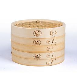 Bamboo Steamer 10 inch 3PCS Set Dim Sum Basket w/ Lid Bun Du